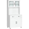 Credenza Alta con Ante in Vetro Mensole Regolabili Piano Portamicroonde e Cassetto Bianca