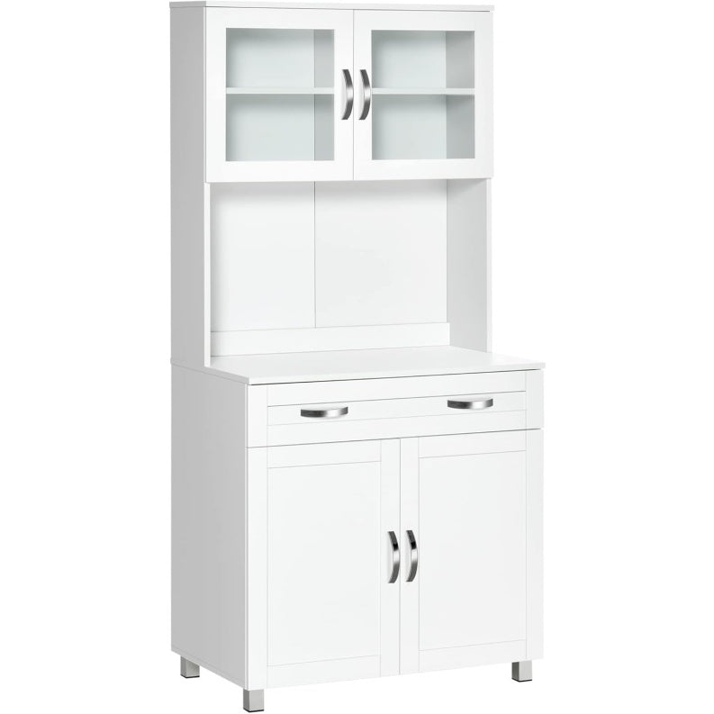 Credenza Alta con Ante in Vetro Mensole Regolabili Piano Portamicroonde e Cassetto Bianca