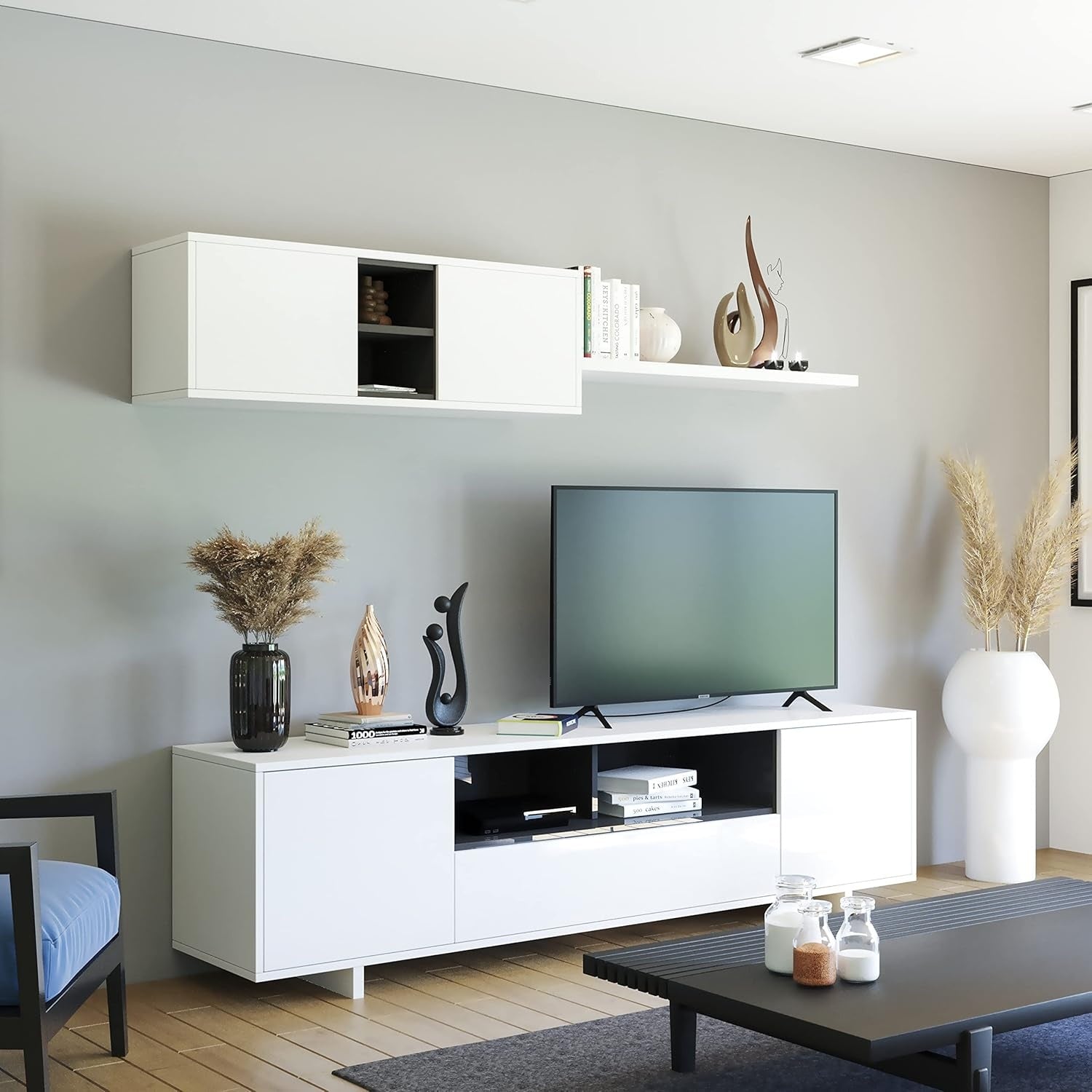 Parete Attrezzata Moderna per TV con Mensola Base Porta Televisore Bianco 200 x 41 x 46 cm