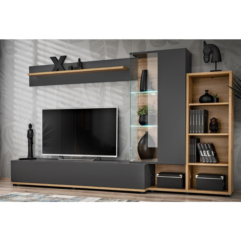 Parete Attrezzata con Mobile Porta TV Vetrina Ripiani Illuminati e Luci LED Rovere e Antracite