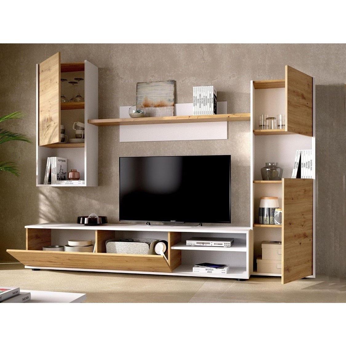 Parete Attrezzata Modulabile con 9 Ripiani Ante Battenti e Ribalta Finitura Rovere Marrone