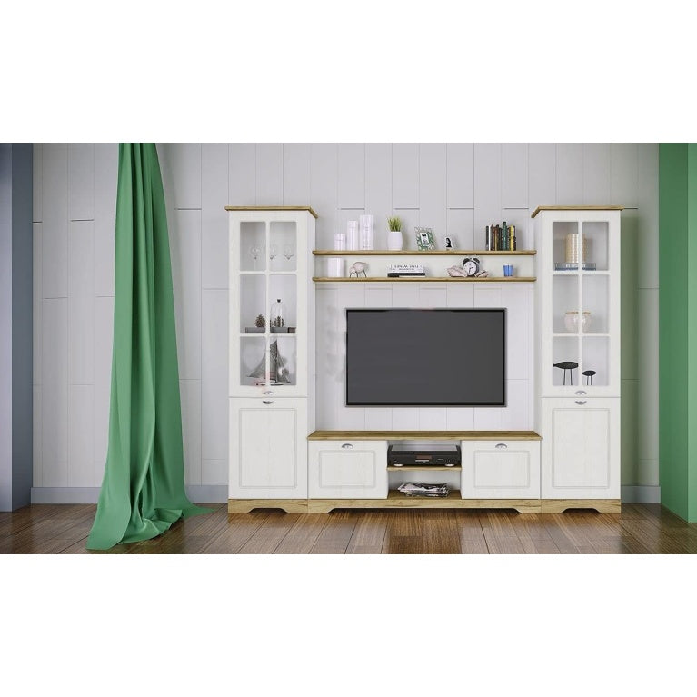 Parete Attrezzata con 2 Vetrine 2 Mensole e Mobile Porta TV Bianco e Rovere